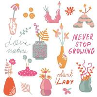 Colorful botanical illustration with whimsical vases, plants, and inspirational text Love Nature and Never Stop Growing vector