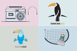 collection of Tucan Birds with radio cassette and tennis racket with badminton illustration design. vector