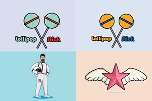 Collection of Lollipop with Man and Flying Star with Bird Wings design illustration. vector