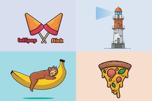 Collection of Lollipop with Monkey on Banana, pizza and lighthouse design illustration. vector
