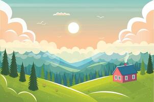 Spring landscape valley with red house, mountains, green hill, trees and clouds . Nature scenic summer background vector