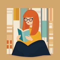 minimalistic illustration of flat cartoon girl with book in mid century modern style vector