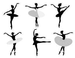 Silhouettes of ballerinas on a white background. Ballerina in a tutu. Ballet dancing. Set of ballet dancers silhouettes. vector