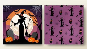 Set of Halloween card and seamless pattern with witch, cat, pumpkins and bat. Halloween template. Happy Halloween vector
