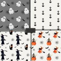 Set of seamless halloween patterns with witch silhouette, cauldron, grave, ghost, cat. Halloween backgrounds vector