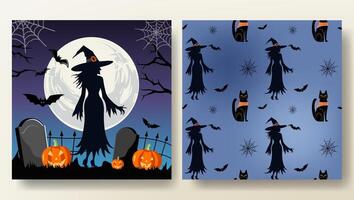 Set of Halloween card and seamless pattern with witch, cat, pumpkins and bat. Halloween template. vector
