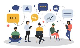 Flat illustration people with computers and speech bubbles. Men and women with laptops at remote work online business communication. vector