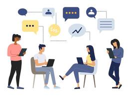 Business people work together and discuss their tasks in front of their laptops. Flat style illustration. Office life. vector