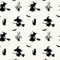 Monochrome halloween pattern with witch silhouette, cat, bat. Halloween background, seamless pattern. vector
