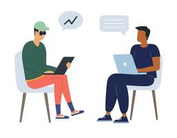 Two men work together and discuss their tasks in front of their computers. Flat style illustration. Business people. vector