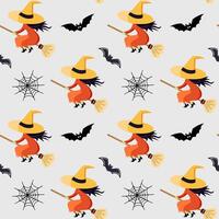 Halloween pattern with witch on a broom. Halloween background, seamless pattern. Orange witch flying on broom vector