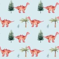 Seamless pattern with cute watercolor dinosaurs and trees. Watercolor nursery backgrounds vector