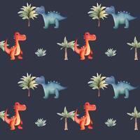 Cute seamless pattern with watercolor dinosaurs and trees. Watercolor nursery dark backgrounds vector