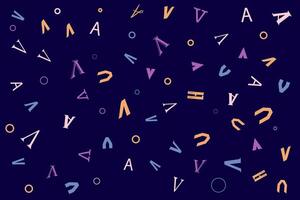 Abstract Alphabet geometric pattern letters Random layout on dark background. Gift wrapping paper. Bed sheets and interior. School and learning theme. vector