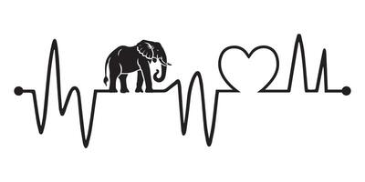 Heartbeat line with Elephant silhouette, Elephant and Heartbeat frequency with Heart Love illustration vector