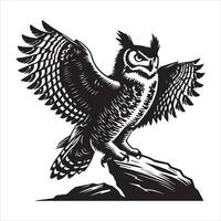 Great horned owl Clipart, Tyto alba Outline Design, Tiger owl silhouette, Hoot Owl illustration in black and white vector
