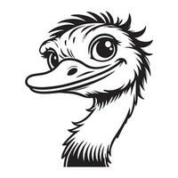 Ostrich Face Clipart, Struthio Bird Outline Design, Common ostrich silhouette, Flightless bird illustration in black and white vector
