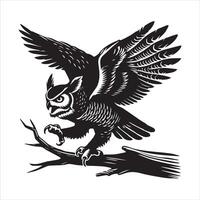 Great horned owl Clipart, Tyto alba Outline Design, Tiger owl silhouette, Hoot Owl illustration in black and white vector