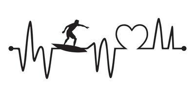 Heartbeat line with Surfing silhouette, Surfing and Heartbeat frequency with Heart Love illustration vector