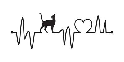 Heartbeat line with Siamese Cat silhouette, Cat and Heartbeat frequency with Heart Love illustration vector