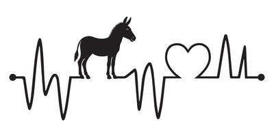 Heartbeat line with Donkey silhouette, Donkey and Heartbeat frequency with Heart Love illustration vector