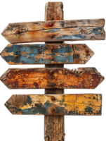 Vintage wooden directional sign with multiple arrows, featuring a weathered and rustic look, perfect for travel or adventure themes. png