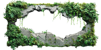 Rugged stone frame with lush greenery, creating a natural window effect. Perfect for backgrounds and nature themes. png