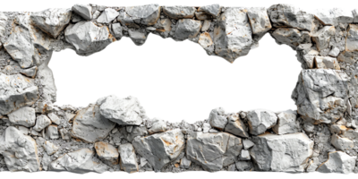 A large hole broken through a concrete wall, creating a rough and rugged texture with an irregular shape and sharp edges. png