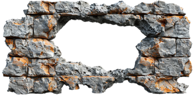 A large hole broken through a concrete wall, creating a rough and rugged texture with an irregular shape and sharp edges. png