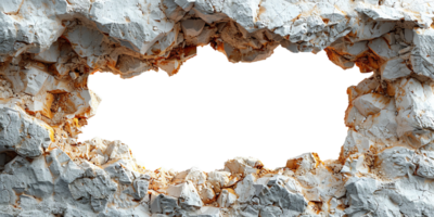 A large hole broken through a concrete wall, creating a rough and rugged texture with an irregular shape and sharp edges. png