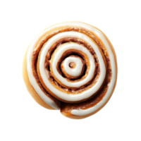 Delicious cinnamon roll covered in creamy icing. Perfect for breakfast or dessert. Close-up showing the beautiful spiral and texture. png