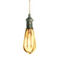 Edison glass lamp hanging on a cord glowing yellow and orange in the shape of a drop. Watercolor illustration hand drawn. Single object isolated from the background. vector