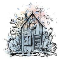 Fisherman s cabin on the grass with a ship wheel, starfish, shells, corals, bubbles and fish. Illustration hand-drawn in graphics. EPS . Isolated composition With watercolor spots pink and blue vector