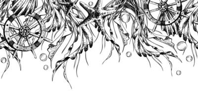 Starfish, seashells, ship s steering wheels, seaweed and bubbles. Marine illustration hand drawn line art graphics in black and white monochrome. Seamless border repeating pattern. vector