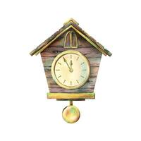 Wall clock with cuckoo, dial and hands, pendulum, wooden, antique, brown with gold details. Watercolor illustration hand-drawn. Separate object, element isolated from the background. vector