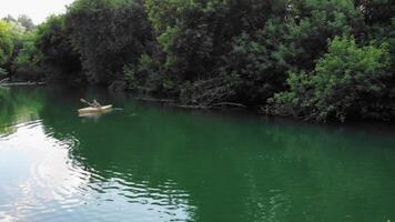 Young woman, traveling alone on a river in the wilderness, is trying to navigate the current using paddles while seated in her canoe. video