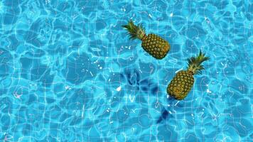 Loop two pineapples floating in a pool in summer, top view video