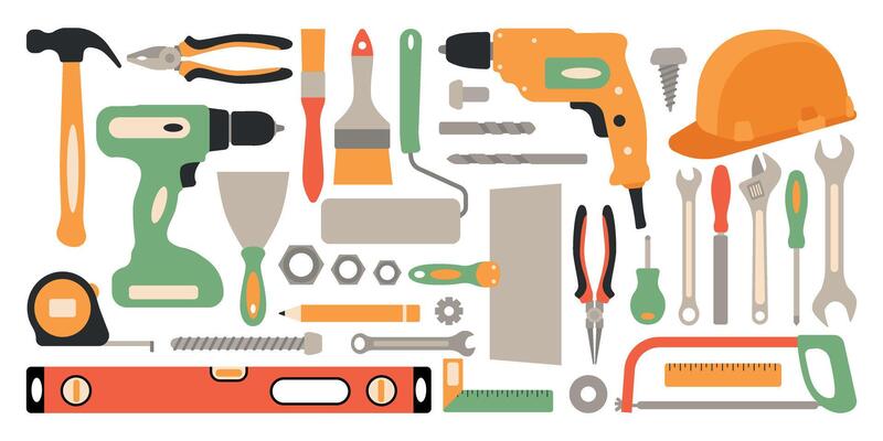 Construction tools big set. Work tool for repair, painter, builder. Isolated illustration in clip art style