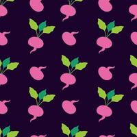 Bright radish seamless pattern. Pink vegetable on a dark background. illustration for fabric, packaging, wrapping paper, background vector