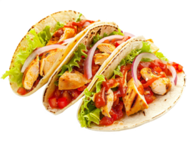 Grilled chicken tacos with tomato sauce onions and salad on transparent background png