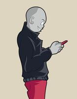 Cartoon illustration of man in black jacket and red pants smiling using mobile phone vector