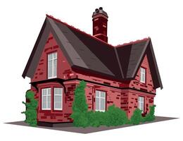 illustration red brick house with bushes without background vector