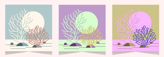 Minimalist wall art, inspired by the captivating beauty of coral reefs. Perfect for adding a touch of nature to any space, artwork serves as an ideal visual for flyers, posters abstract backgrounds. vector