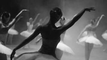 Ballerinas in white tutus, view from backstage. Black and white photos