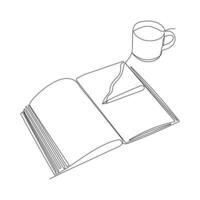 Continuous line art drawing of a book with cup of coffee. hand drawn custom design. vector