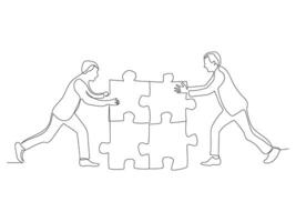 Continuous line art of Business Men Solving Puzzle. vector
