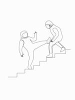 One continuous line drawing of two young are fighting. vector