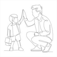 Continuous one line drawing of a young father giving high-five to his son for success. vector