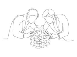 Continuous one line drawing of confident business people trying to connected jigsaw pieces, single line art. vector