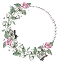 Round frame of rose buds and pearls in watercolor illustration. Hand drawn watercolor drawing for wedding invitations, congratulations, gifts, memorable dates. Composition isolated from background. png